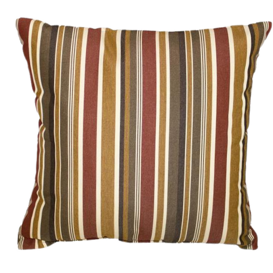Striped accent pillow in brown, red, and beige – reversible, weather-resistant, and overstuffed with polyester fill for durable comfort indoors or outdoors.

