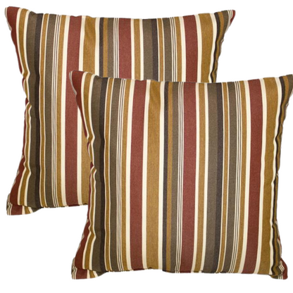 Striped accent pillow in brown, red, and beige – reversible, weather-resistant, and overstuffed with polyester fill for durable comfort indoors or outdoors.

