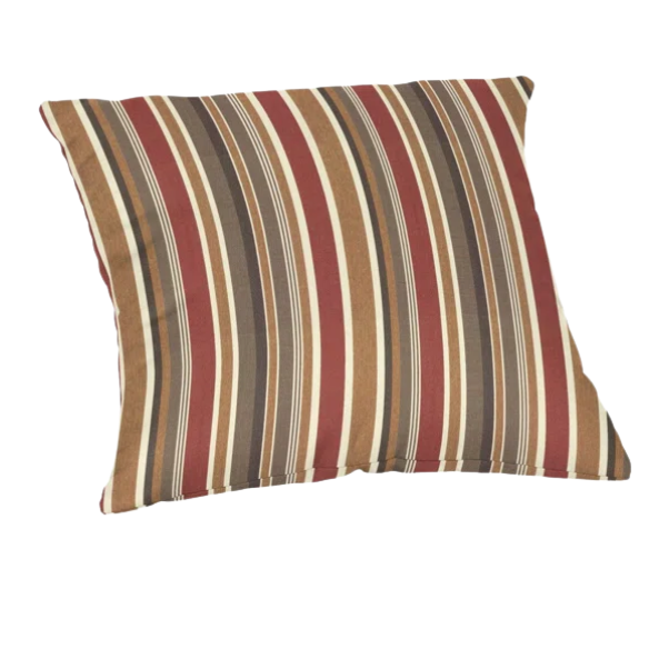 Striped accent pillow in brown, red, and beige – reversible, weather-resistant, and overstuffed with polyester fill for durable comfort indoors or outdoors.

