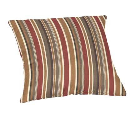 Striped accent pillow in brown, red, and beige – reversible, weather-resistant, and overstuffed with polyester fill for durable comfort indoors or outdoors.

