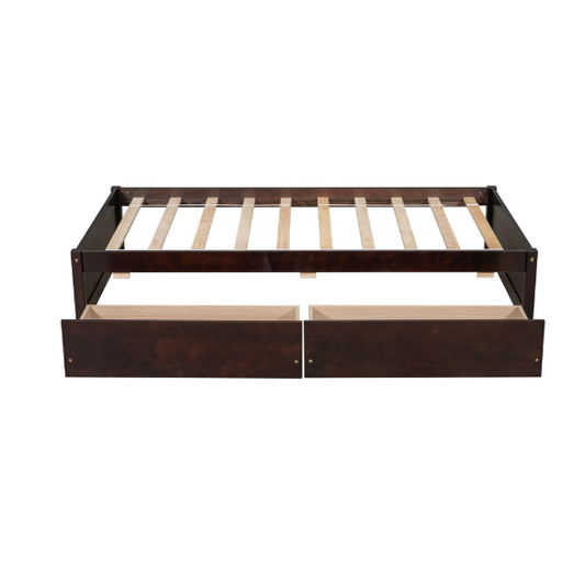 Modern brown twin platform bed with two under-bed storage drawers, no box spring needed – compact design for kids, teens, or small bedrooms.

