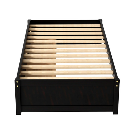 Modern brown twin platform bed with two under-bed storage drawers, no box spring needed – compact design for kids, teens, or small bedrooms.

