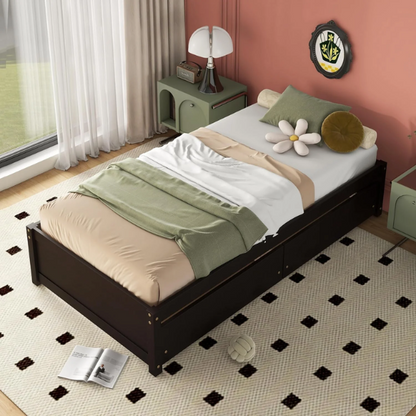 Modern brown twin platform bed with two under-bed storage drawers, no box spring needed – compact design for kids, teens, or small bedrooms.

