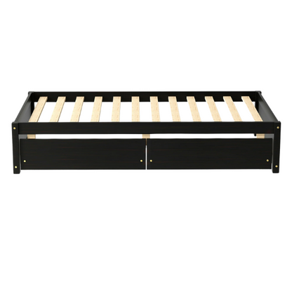 Modern brown twin platform bed with two under-bed storage drawers, no box spring needed – compact design for kids, teens, or small bedrooms.

