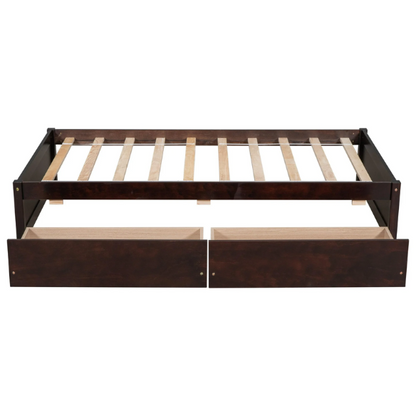 Modern brown twin platform bed with two under-bed storage drawers, no box spring needed – compact design for kids, teens, or small bedrooms.

