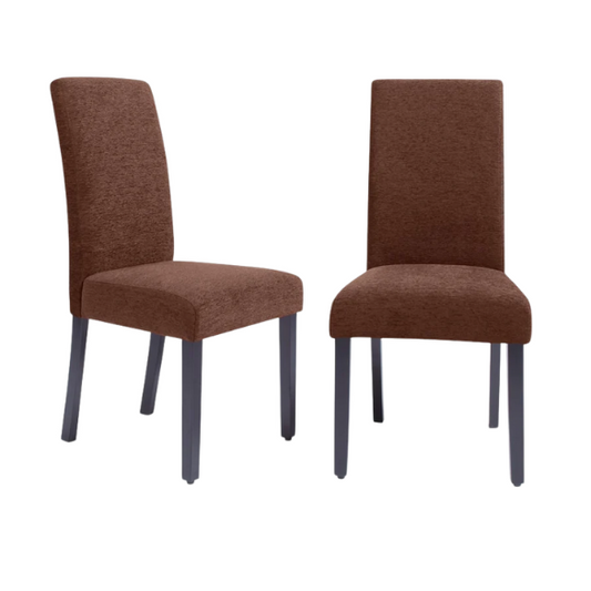 Set of two brown upholstered dining chairs with high backs, espresso wood frames, and cushioned polyester seats.