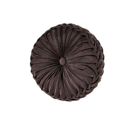 Brown Velvet Round Throw Pillow with Ribbed Edges and Button Detail, Elegant Decorative Cushion for Home Decor, Soft Cotton Fill