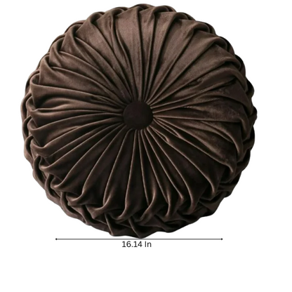 Brown Velvet Round Throw Pillow with Ribbed Edges and Button Detail, Elegant Decorative Cushion for Home Decor, Soft Cotton Fill
