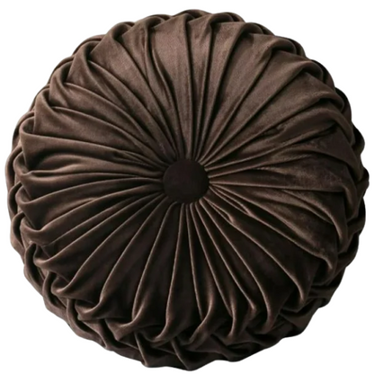 Brown Velvet Round Throw Pillow with Ribbed Edges and Button Detail, Elegant Decorative Cushion for Home Decor, Soft Cotton Fill