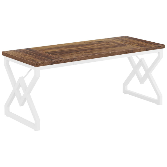 Brown and White Modern Executive Desk with Geometric Design and Criss-Cross Metal Legs for Home Office