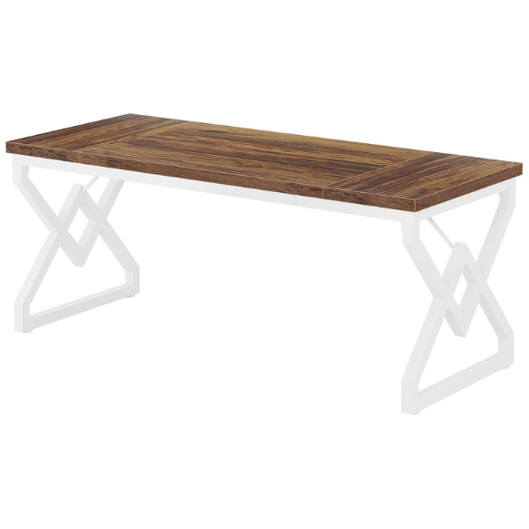 Brown and White Modern Executive Desk with Geometric Design and Criss-Cross Metal Legs for Home Office
