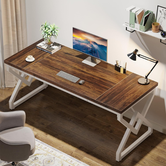 Brown and White Modern Executive Desk with Geometric Design and Criss-Cross Metal Legs for Home Office