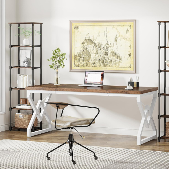 Brown and White Modern Executive Desk with Geometric Design and Criss-Cross Metal Legs for Home Office
