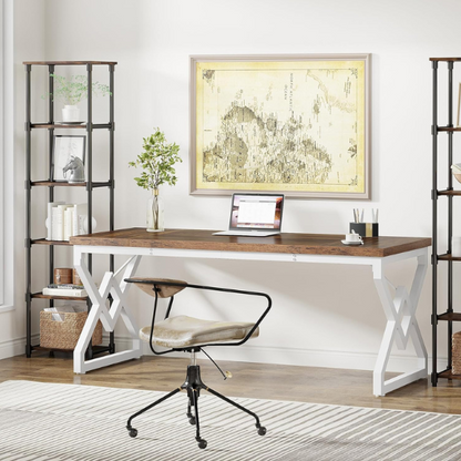 Brown and White Modern Executive Desk with Geometric Design and Criss-Cross Metal Legs for Home Office