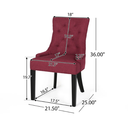 Set of four burgundy upholstered dining chairs featuring diamond tufted backs, armless design, sloped arms, and espresso brown wooden legs.


