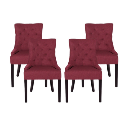 Set of four burgundy upholstered dining chairs featuring diamond tufted backs, armless design, sloped arms, and espresso brown wooden legs.

