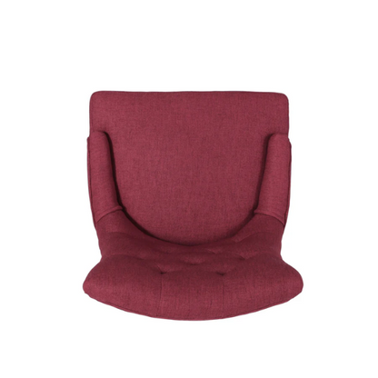 Set of four burgundy upholstered dining chairs featuring diamond tufted backs, armless design, sloped arms, and espresso brown wooden legs.

