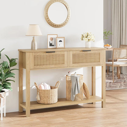 Burlywood console table with storage drawers, perfect for entryway, hallway, or living room décor.