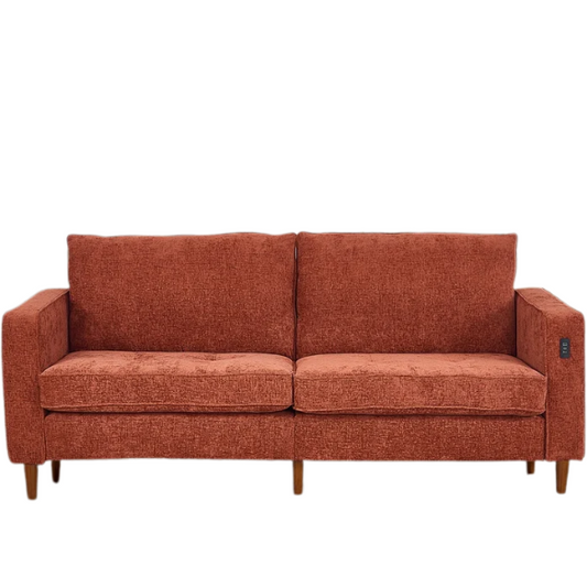 Burnt orange chenille loveseat with tufted back, square arms, wood legs, USB charging ports, and removable washable cushions—ideal for bold, modern living spaces

