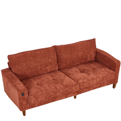 Burnt orange chenille loveseat with tufted back, square arms, wood legs, USB charging ports, and removable washable cushions—ideal for bold, modern living spaces

