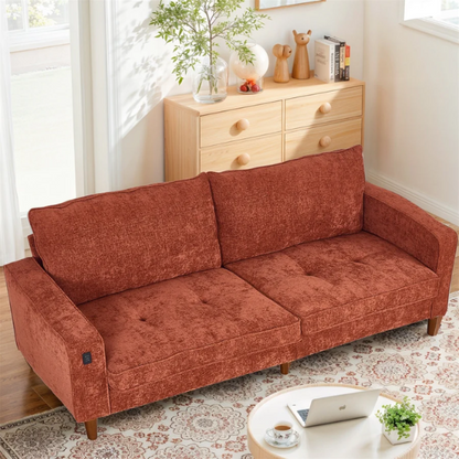 Burnt orange chenille loveseat with tufted back, square arms, wood legs, USB charging ports, and removable washable cushions—ideal for bold, modern living spaces

