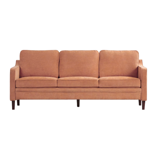 Burnt orange chenille upholstered sofa with curved track arms, brown tapered wooden legs, and plush foam cushions in a modern mid-century design.