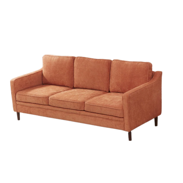 Burnt orange chenille upholstered sofa with curved track arms, brown tapered wooden legs, and plush foam cushions in a modern mid-century design.