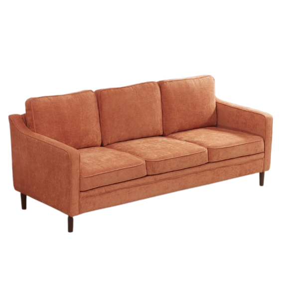 Burnt orange chenille upholstered sofa with curved track arms, brown tapered wooden legs, and plush foam cushions in a modern mid-century design.