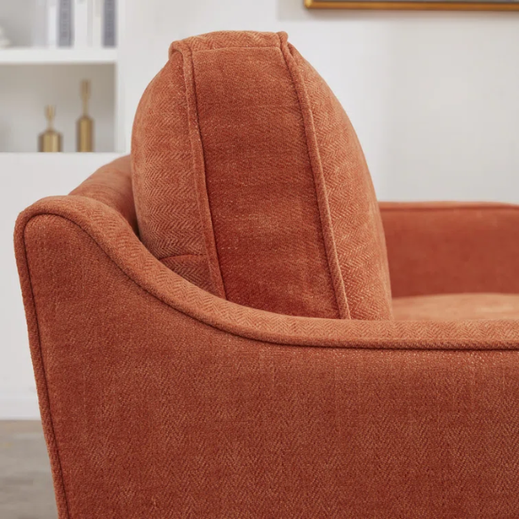 Burnt orange chenille upholstered sofa with curved track arms, brown tapered wooden legs, and plush foam cushions in a modern mid-century design.