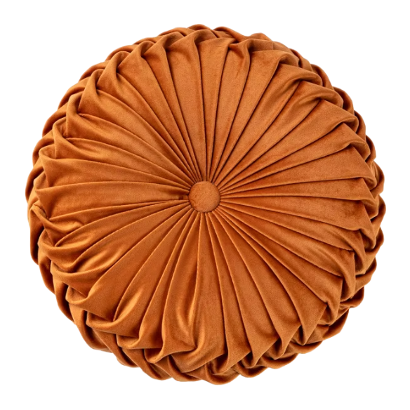 Burnt Orange Velvet Round Throw Pillow with Ribbed Edges – Soft Cotton Fill and Elegant Button Detail for Modern Home Décor