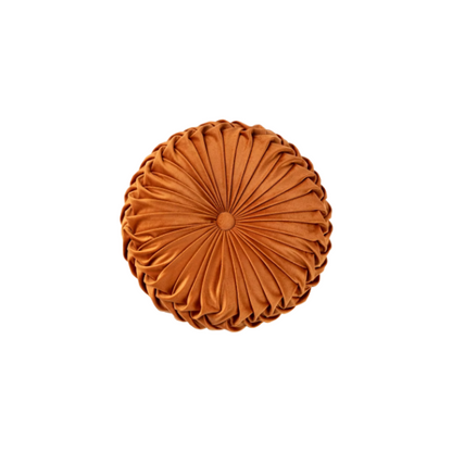 Burnt Orange Velvet Round Throw Pillow with Ribbed Edges – Soft Cotton Fill and Elegant Button Detail for Modern Home Décor
