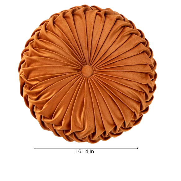 Burnt Orange Velvet Round Throw Pillow with Ribbed Edges – Soft Cotton Fill and Elegant Button Detail for Modern Home Décor