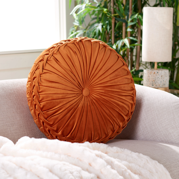 Burnt Orange Velvet Round Throw Pillow with Ribbed Edges – Soft Cotton Fill and Elegant Button Detail for Modern Home Décor