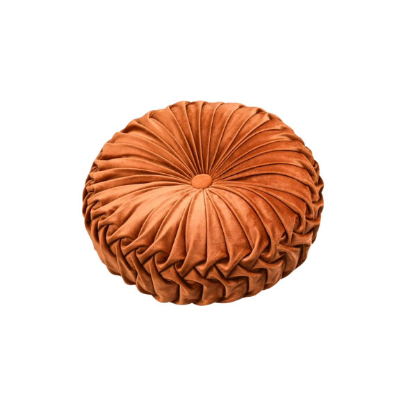 Burnt Orange Velvet Round Throw Pillow with Ribbed Edges – Soft Cotton Fill and Elegant Button Detail for Modern Home Décor