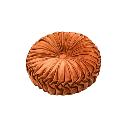 Burnt Orange Velvet Round Throw Pillow with Ribbed Edges – Soft Cotton Fill and Elegant Button Detail for Modern Home Décor
