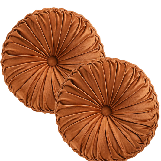 Set of 2 burnt orange pleated velvet round throw pillows with button tufted center – 14.5 inch pumpkin-style decorative cushions for sofa, bed, or cozy nook

