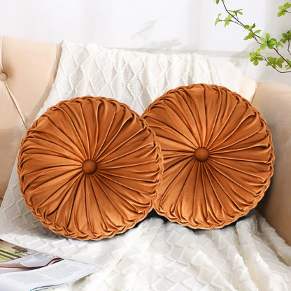 Set of 2 burnt orange pleated velvet round throw pillows with button tufted center – 14.5 inch pumpkin-style decorative cushions for sofa, bed, or cozy nook

