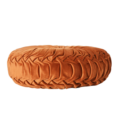 Set of 2 burnt orange pleated velvet round throw pillows with button tufted center – 14.5 inch pumpkin-style decorative cushions for sofa, bed, or cozy nook


