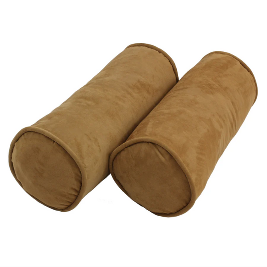 Set of 2 camel bolster throw pillows with soft microsuede covers, corded edges, and plush polyester fill, perfect for adding warmth and style to any indoor space.

