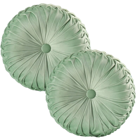 Set of 2 celadon green pleated velvet round throw pillows with button tufted center – 14.5 inch pumpkin-style decorative cushions for sofa, bed, or lounge area

