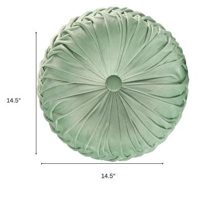 Set of 2 celadon green pleated velvet round throw pillows with button tufted center – 14.5 inch pumpkin-style decorative cushions for sofa, bed, or lounge area

