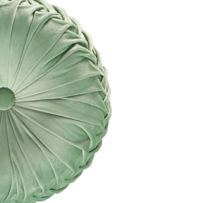 Set of 2 celadon green pleated velvet round throw pillows with button tufted center – 14.5 inch pumpkin-style decorative cushions for sofa, bed, or lounge area

