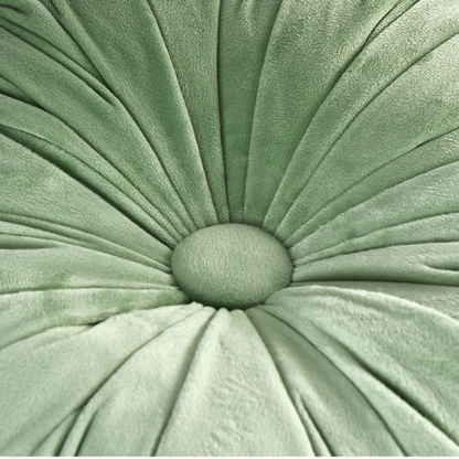 Set of 2 celadon green pleated velvet round throw pillows with button tufted center – 14.5 inch pumpkin-style decorative cushions for sofa, bed, or lounge area

