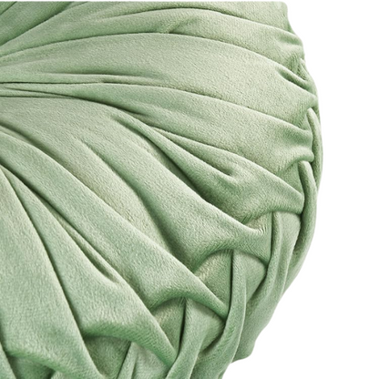 Set of 2 celadon green pleated velvet round throw pillows with button tufted center – 14.5 inch pumpkin-style decorative cushions for sofa, bed, or lounge area

