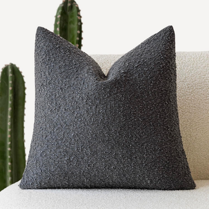 Charcoal boucle throw pillow cover with soft loop texture, 18x18 inches – modern cozy accent for sofa, bed, or armchair