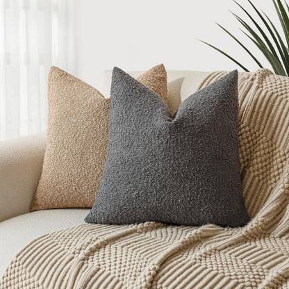 Charcoal boucle throw pillow cover with soft loop texture, 18x18 inches – modern cozy accent for sofa, bed, or armchair