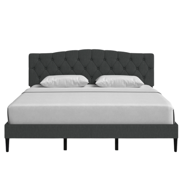 Charcoal grey upholstered king platform bed featuring a tufted camelback headboard, foam padding, and sturdy wood frame with slats and center support legs

