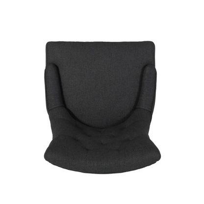 Set of four dark charcoal grey upholstered dining chairs featuring diamond tufted backs, armless design, sloped sides, and espresso wood legs.

