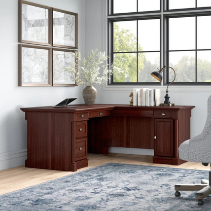 Cherry finish L-shaped computer desk with 4 drawers and adjustable features for home office