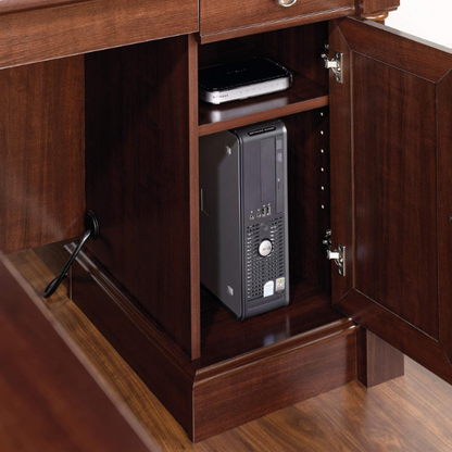 Cherry finish L-shaped computer desk with 4 drawers and adjustable features for home office